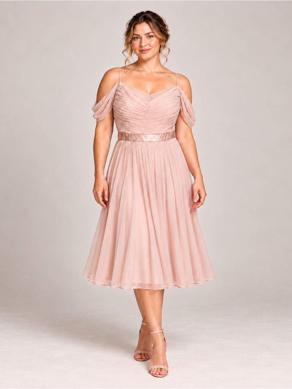 Adrianna papell Off shoulder pleated chiffon midi dress balletcore pale blush